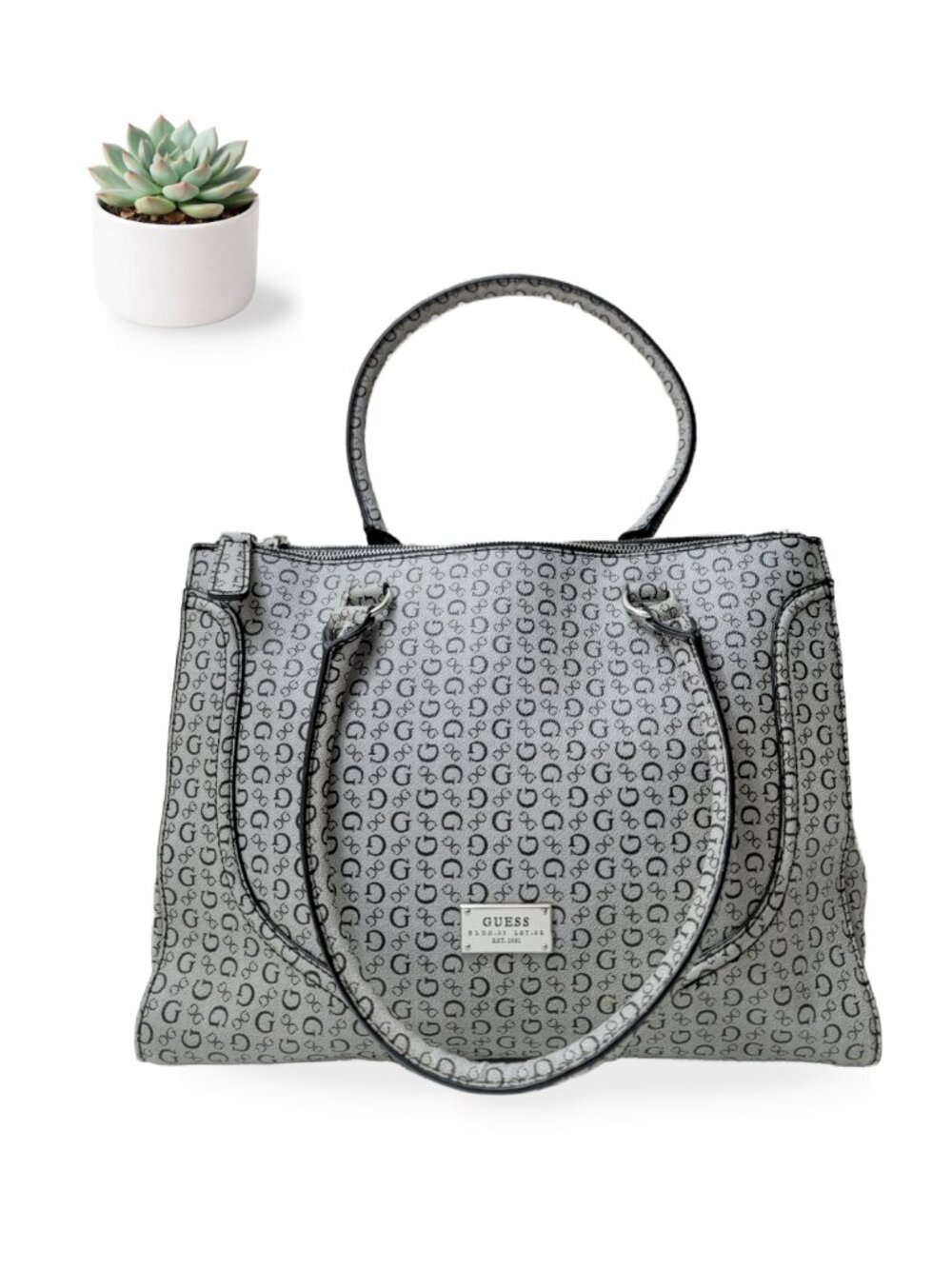 Guess Logo Tote Bag Gray Black G Monogram Shoulder Purse Leopard Print Lining